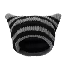 Women Cat Ears Hats Soft Slouchy Striped Knitted Hat 2
