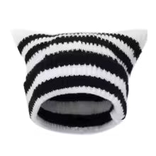 Women Cat Ears Hats Soft Slouchy Striped Knitted Hat